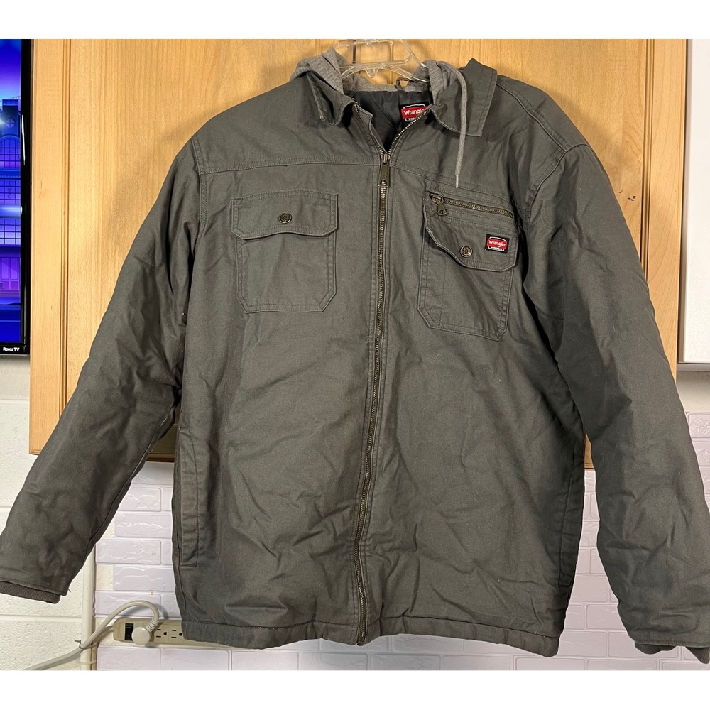 Wrangler Workwear Jacket Mens Large Green Hooded Quilted Canvas Utility Coat